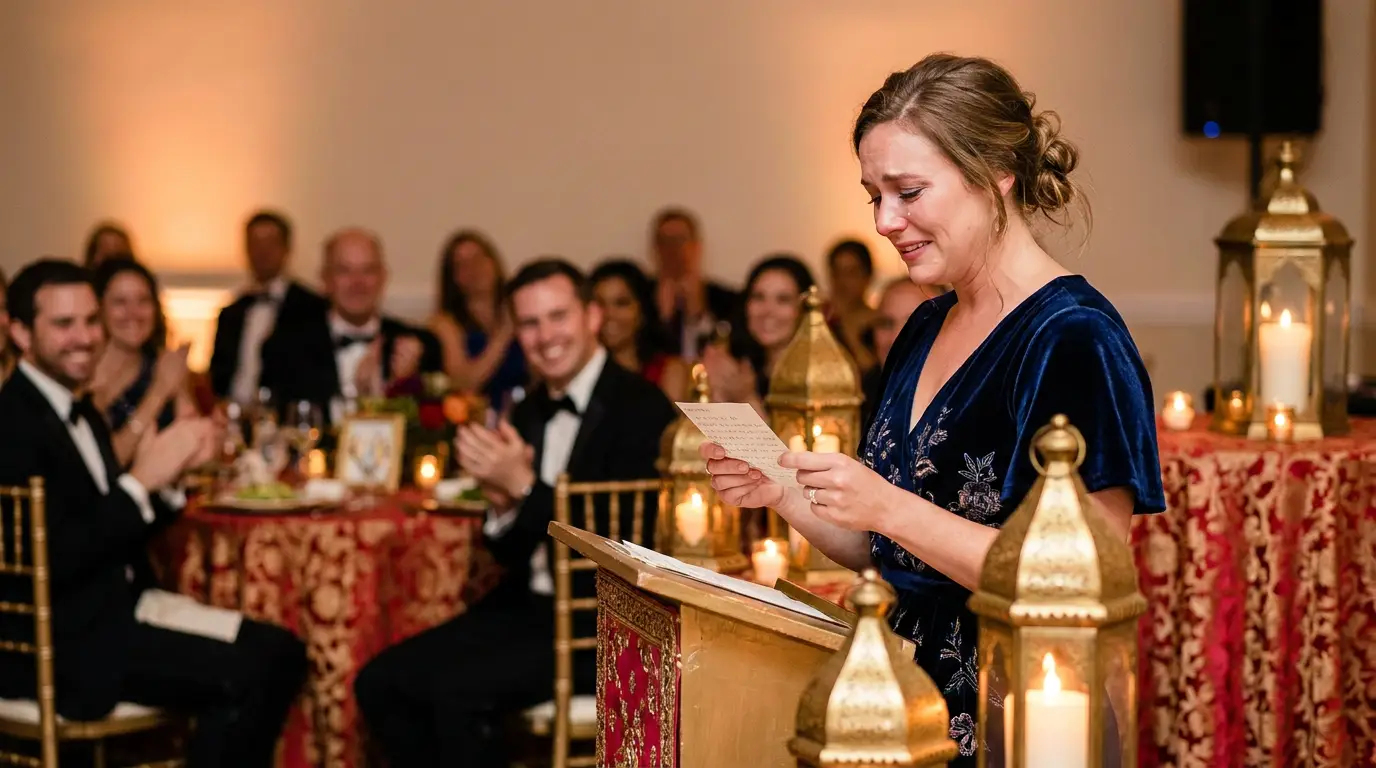 Mère émue lisant un texte lors de la réception d'un mariage maghrébin