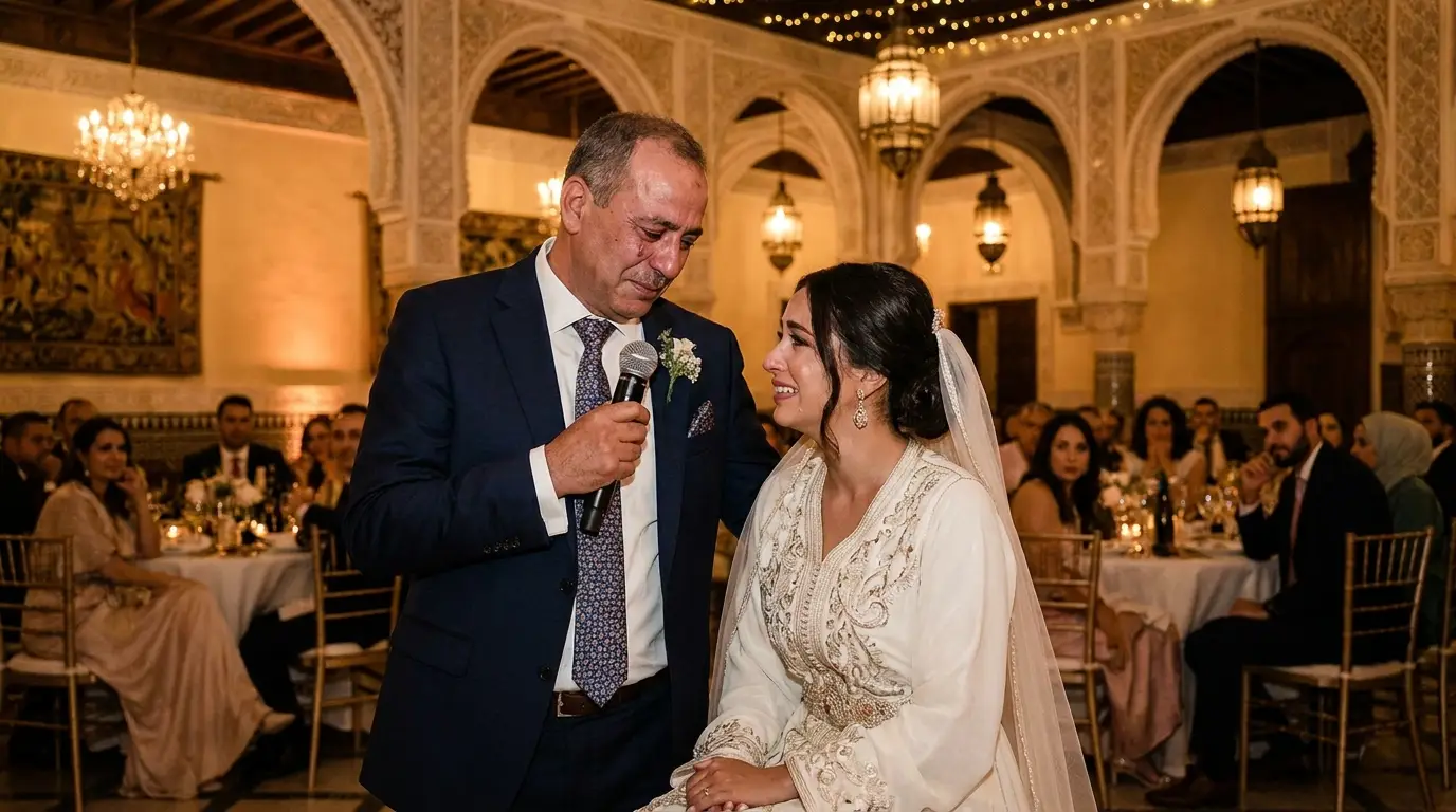 Père prononçant un discours en regardant sa fille lors d'un mariage oriental