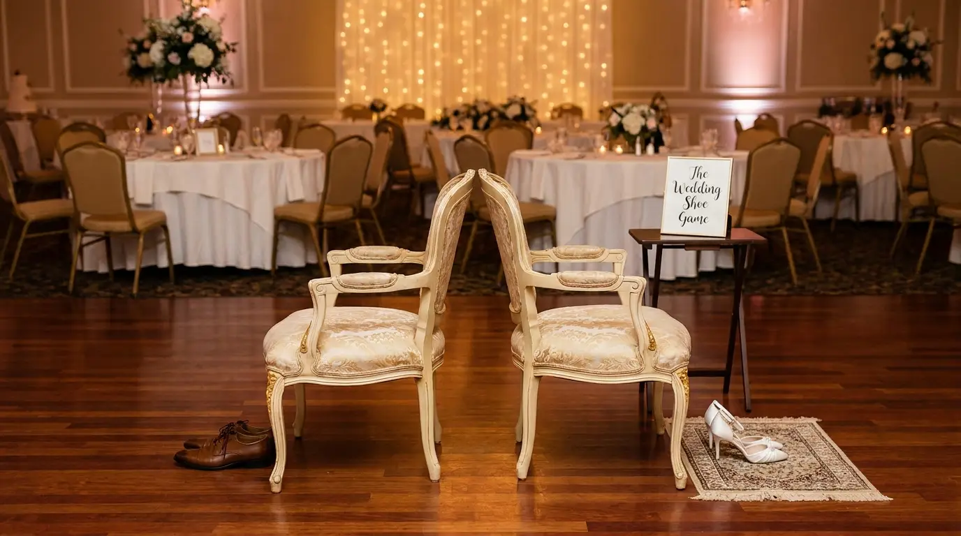 Deux chaises dos à dos préparées pour le jeu de la chaussure lors d'un mariage