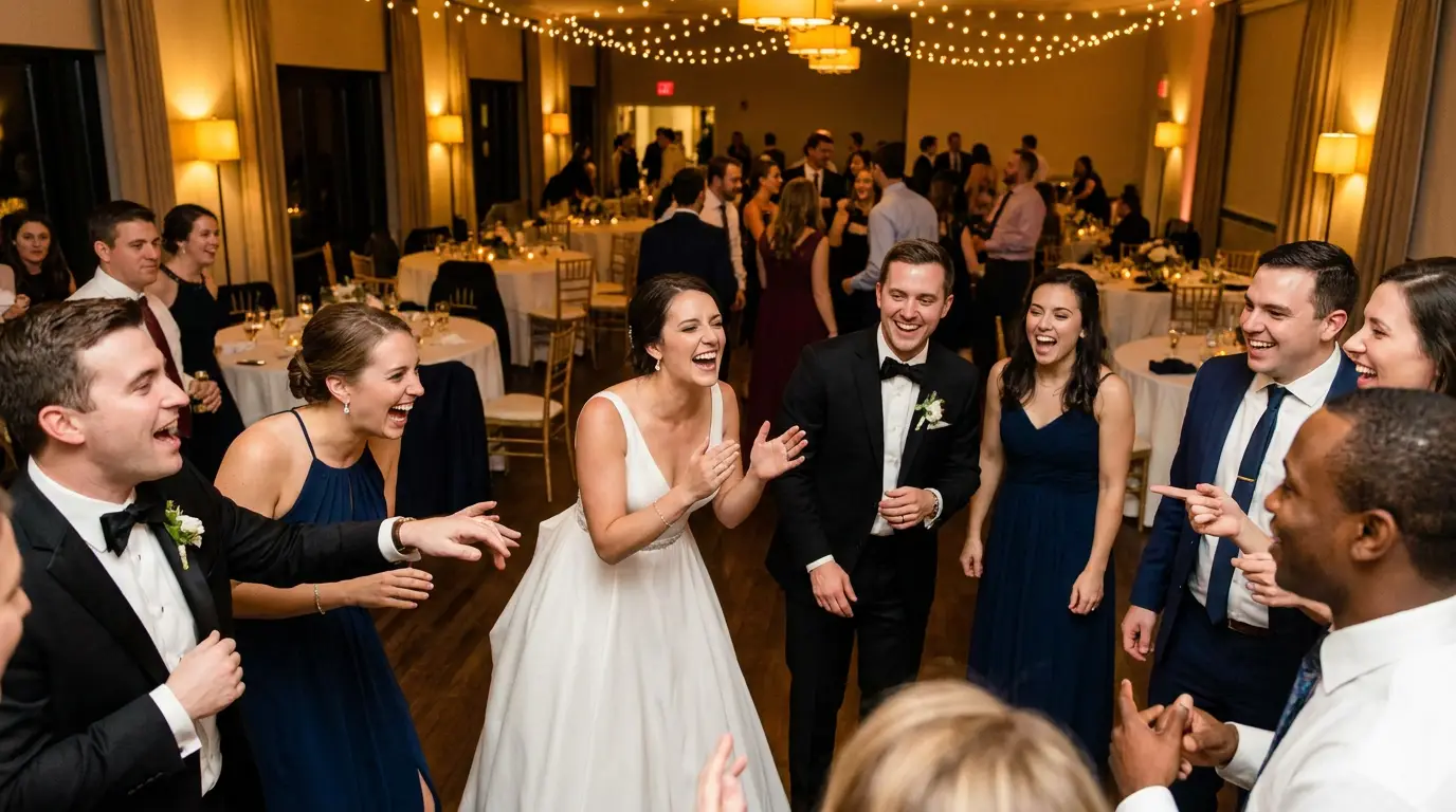Invités d'un mariage riant ensemble pendant un jeu d'animation